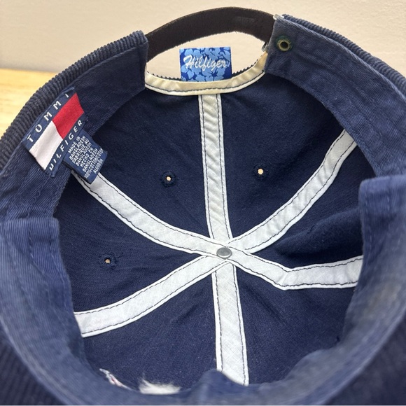 Vintage Tommy Hilfiger Surf Blue Corduroy Hat Embroidered Logo Leather Strapback - Picture 14 of 16
